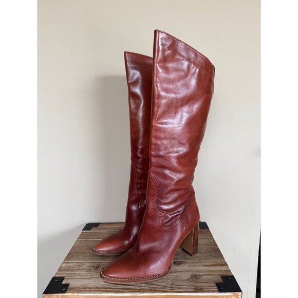 ZARA Brown Genuine Leather Pointy Toe Western Stitch Knee High Boots Size 9 - Picture 1 of 14
